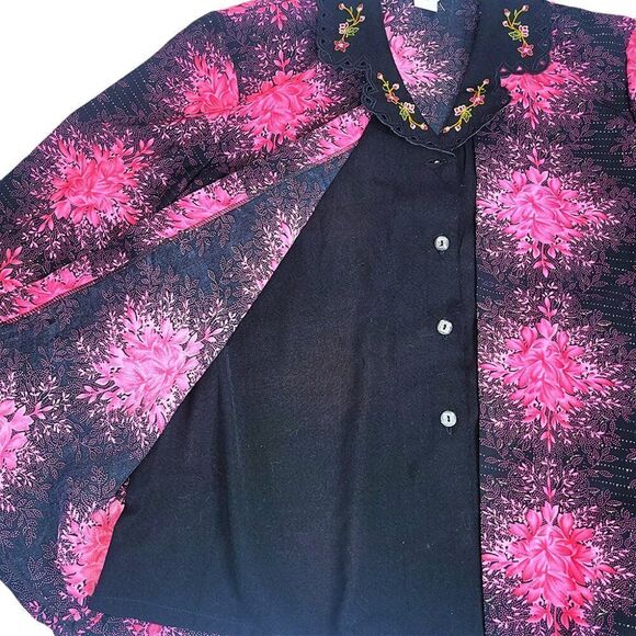 Hot pink black fireworks embroidery floral 3/4 sleeves layered top - Picture 4 of 8